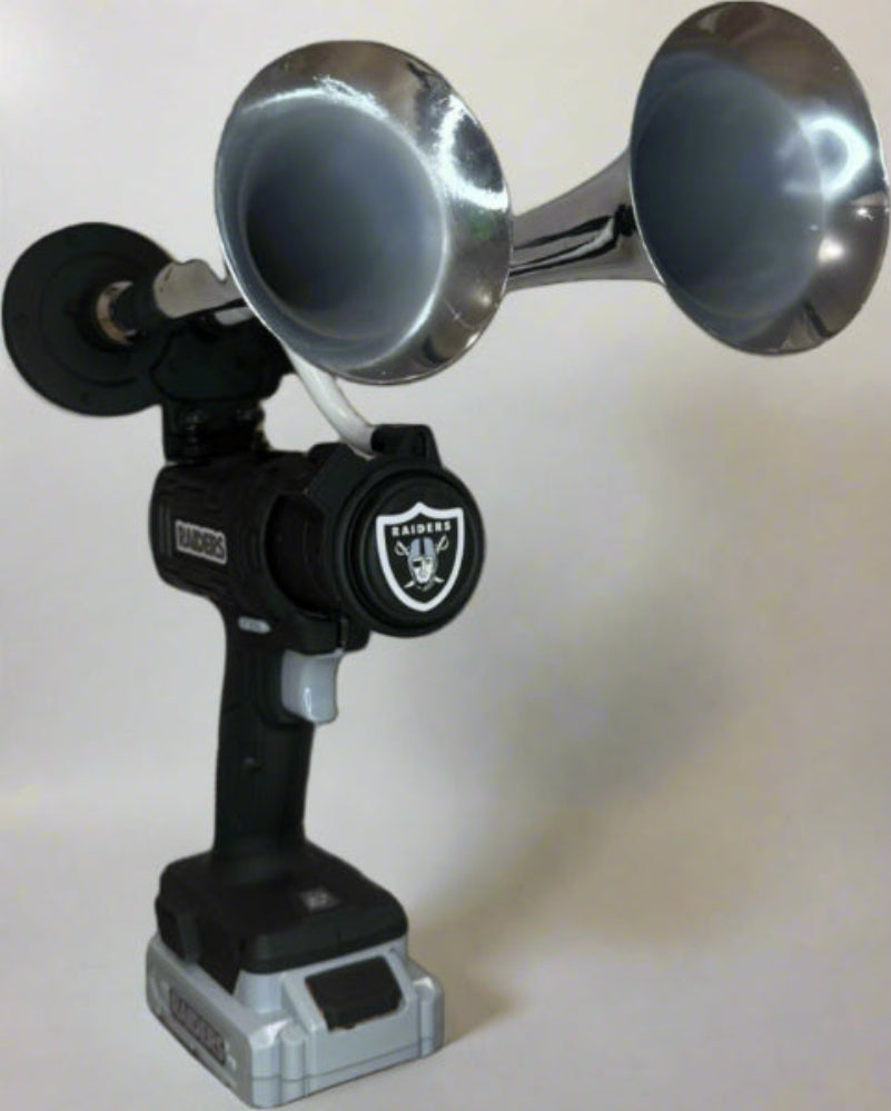 Black and Chrome Train horn with the 'Las Vegas Raiders' logo