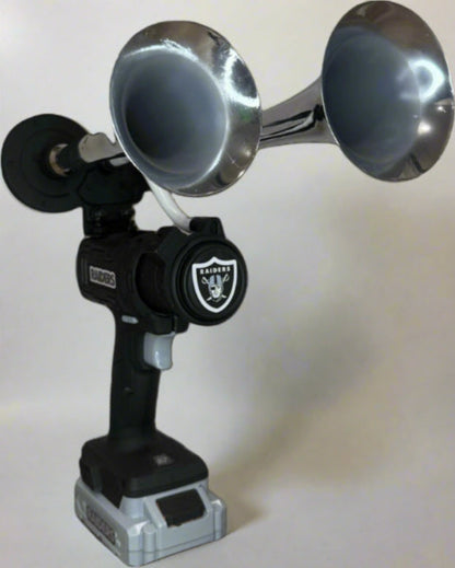 Black and Chrome Train horn with the 'Las Vegas Raiders' logo