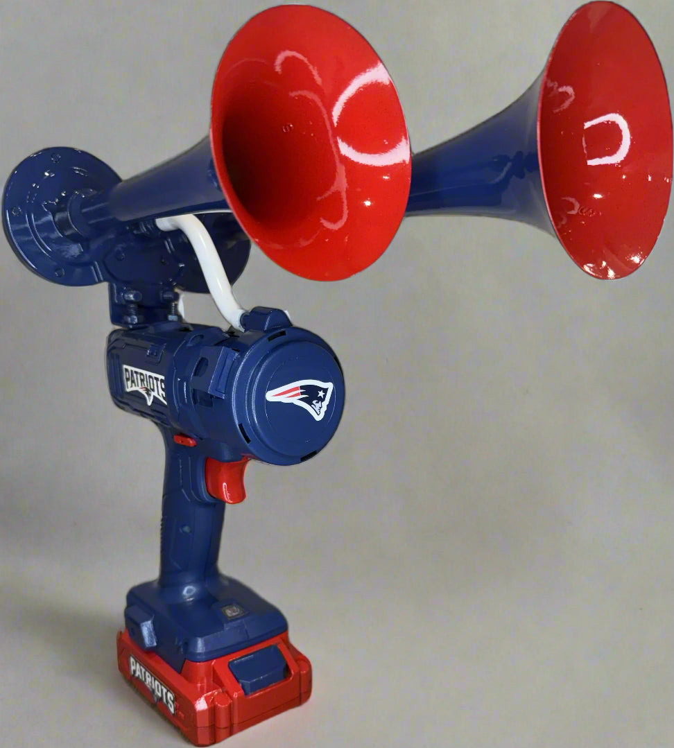 Blue and red Train horn with 'New England Patriots' logo