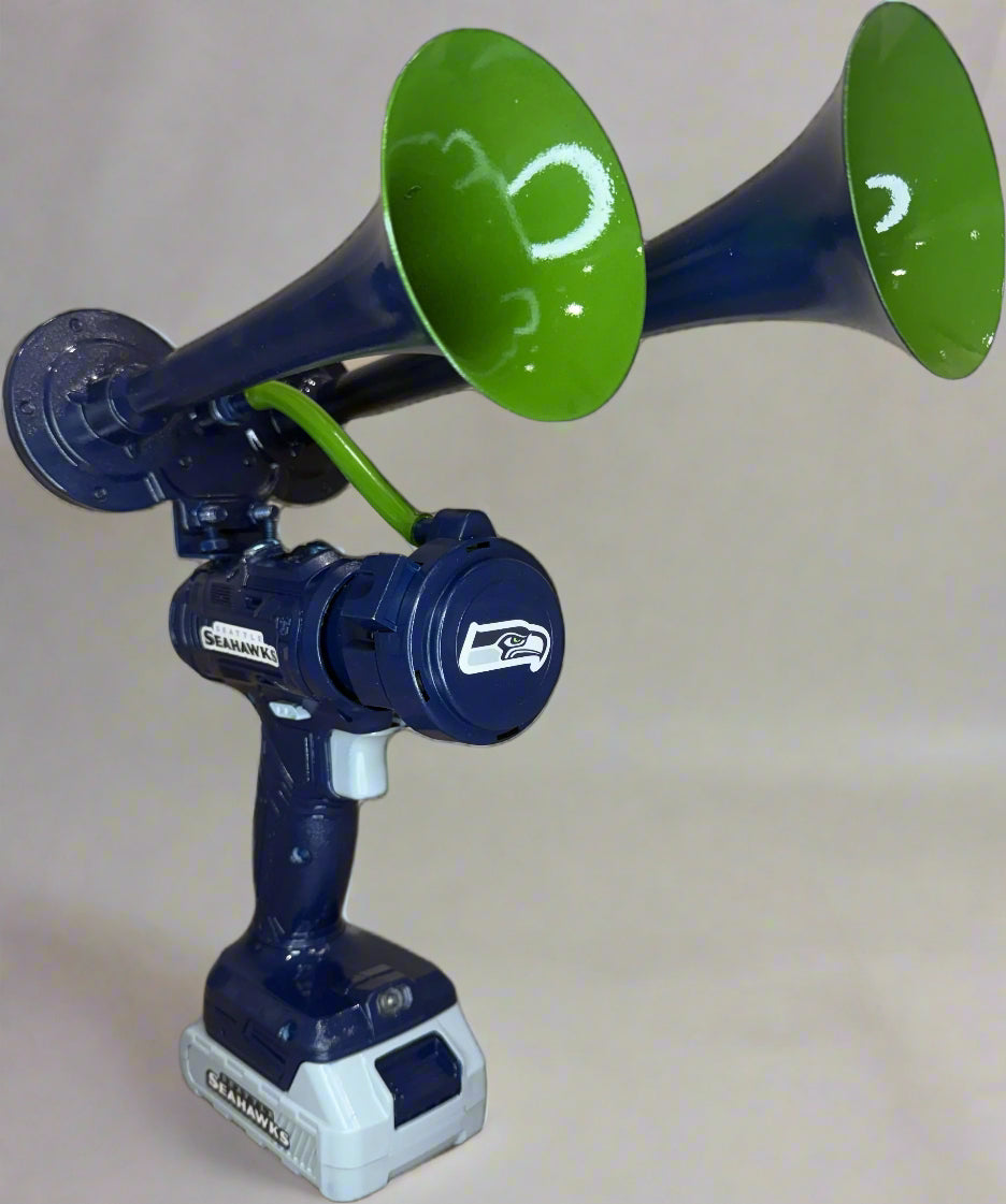 Blue and green Train horn with the 'Seattle Seahawks' logo